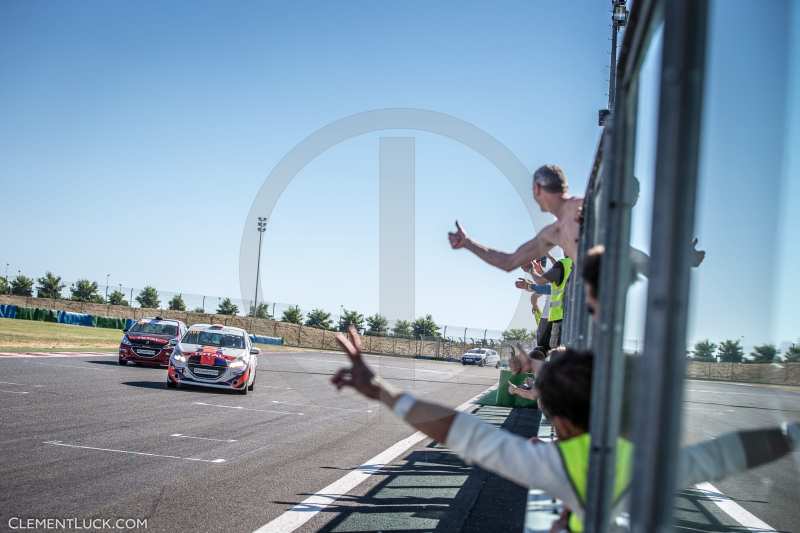 266 GUYONNET Xavier COMTE Aurelien CLAIRET Jimmy CLAIRET Teddy GP COMPETITION Action Finish line checkered flag Relais 208 during the 2016 Rencontres Peugeot Sport, July 17 at Magny Cours, France - Photo Clement Luck / DPPI